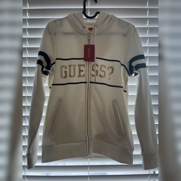 NWT Guess Womwn White and Gold Zip up hoodie, Size Extra Small, fall - Picture 1 of 9